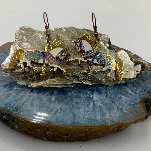 Carousel Classics Gold & Blue Carousel Horse French Wire Earrings W/Enamel Paint - Picture 3 of 6